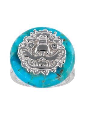 Blue Turquoise Chinese Foo Dog Dragon Sterling Silver Statement Ring Size 7